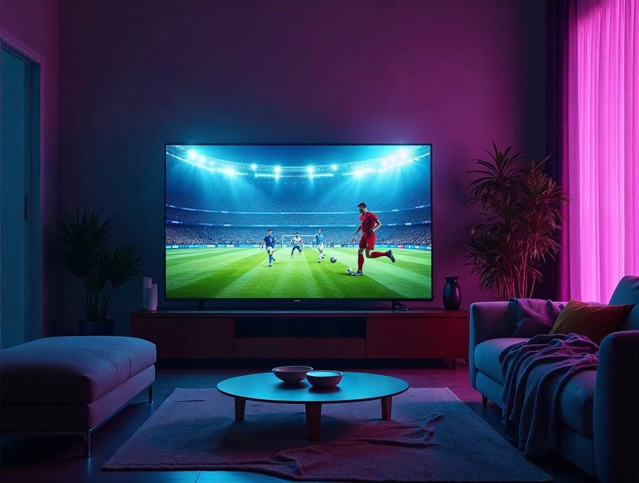 Smart TV 4K exibindo jogo de futebol ao vivo via IPTV premium
