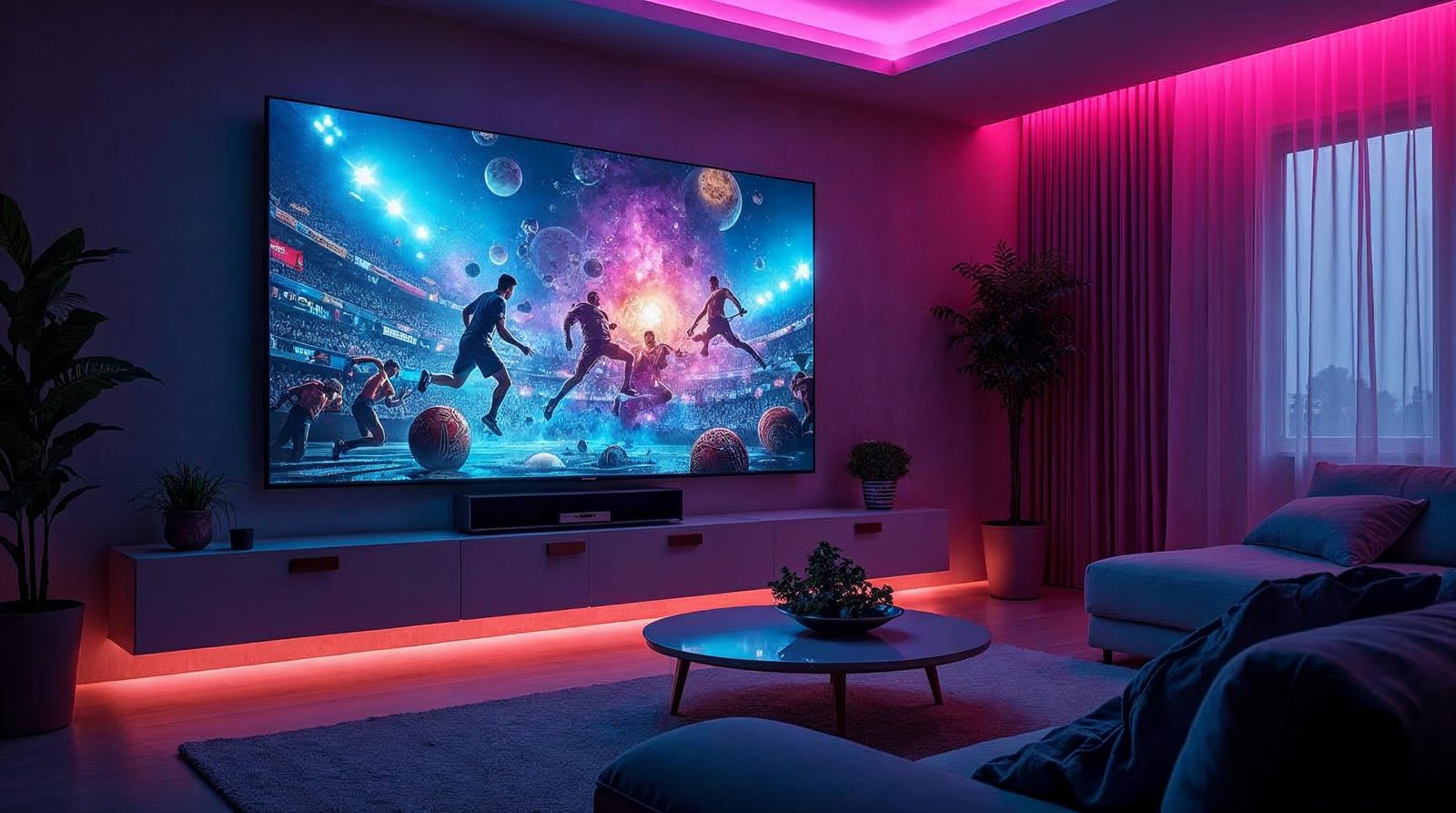 Sala moderna com Smart TV 4K exibindo IPTV premium em alta definição